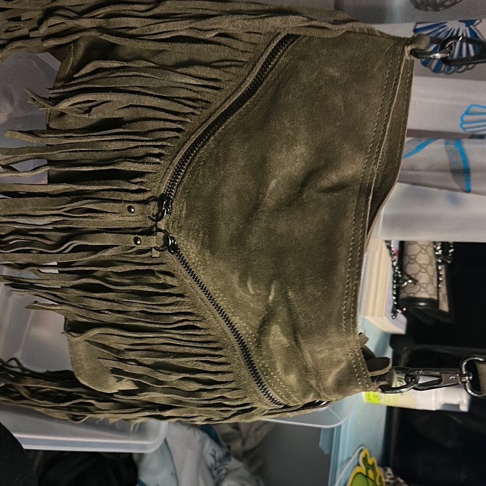 Fringe Suede Shoulder Bag - Olive Green